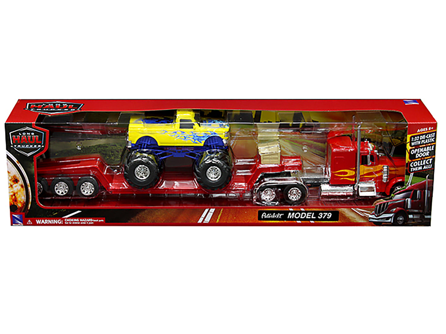 Peterbilt 379 Truck with Lowboy Trailer Red with Orange Flames and Monster Truck Yellow with Blue Flames "Long Haul Truckers" Series 1/32 Diecast Model by New Ray