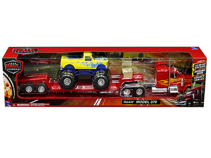 Peterbilt 379 Truck with Lowboy Trailer Red with Orange Flames and Monster Truck Yellow with Blue Flames "Long Haul Truckers" Series 1/32 Diecast Model by New Ray