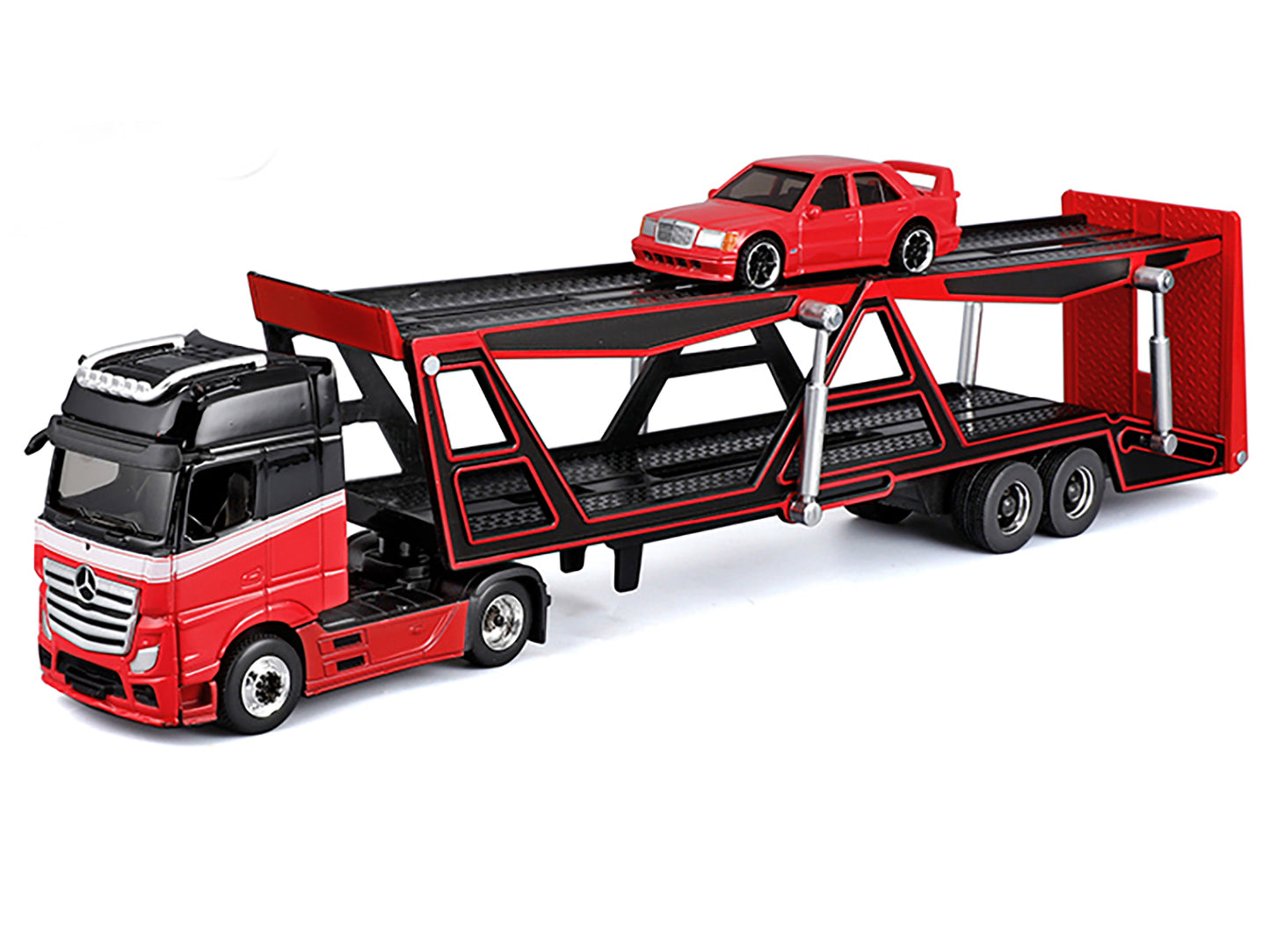 Mercedes-Benz Actros Open Car Hauler Red and Black with White Stripes and 1990 Mercedes-Benz 190E Red "Transporters" Series 1/64 Diecast Models by Maisto