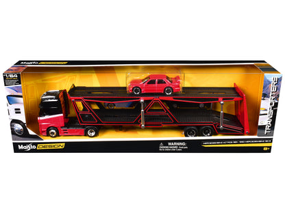 Mercedes-Benz Actros Open Car Hauler Red and Black with White Stripes and 1990 Mercedes-Benz 190E Red "Transporters" Series 1/64 Diecast Models by Maisto