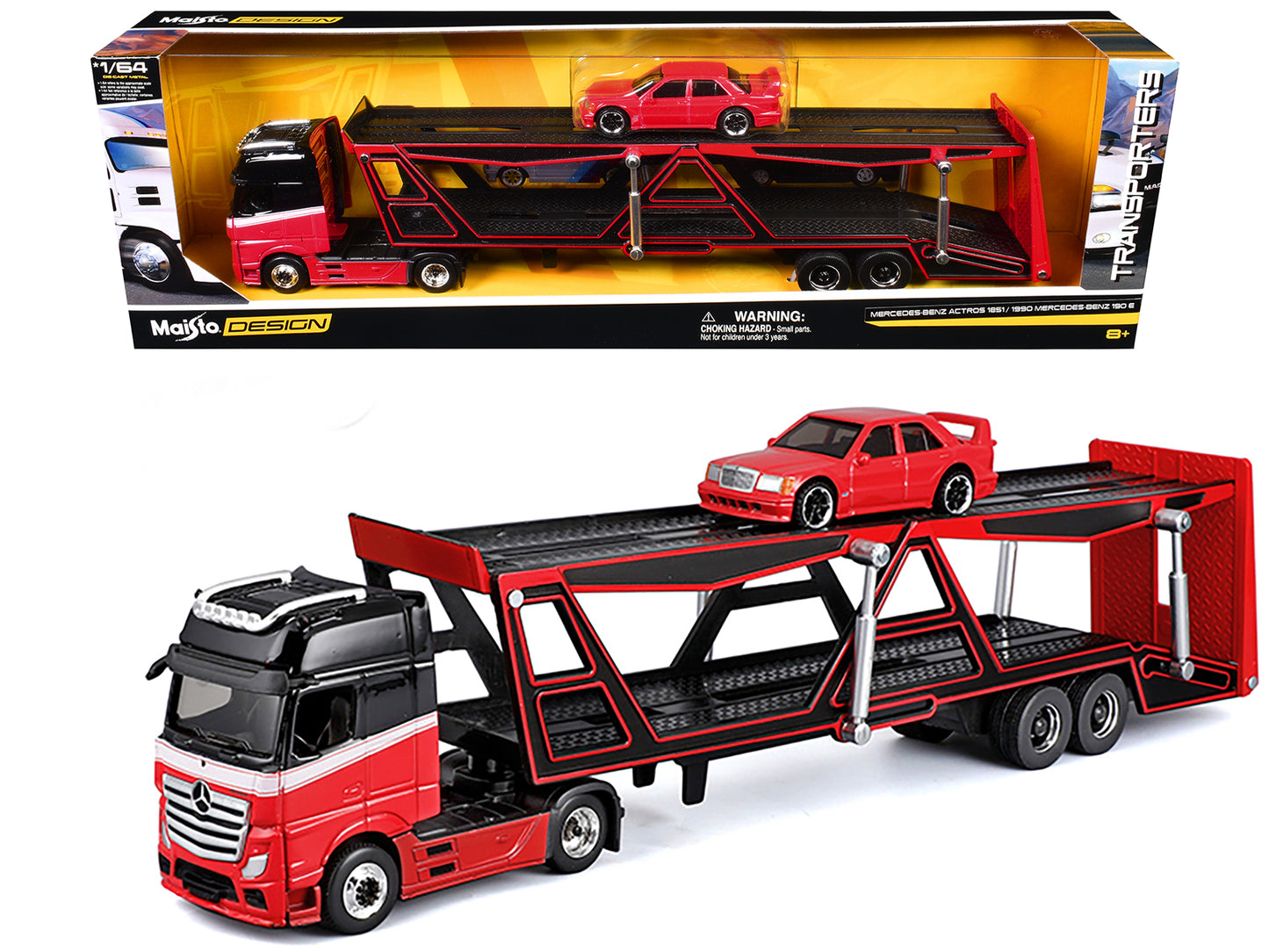 Mercedes-Benz Actros Open Car Hauler Red and Black with White Stripes and 1990 Mercedes-Benz 190E Red "Transporters" Series 1/64 Diecast Models by Maisto