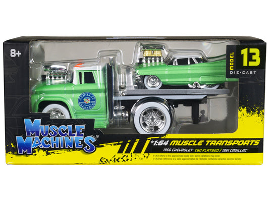 1966 Chevrolet C60 Flatbed Truck Green Metallic with White Top "Cadillac Service" and 1961 Cadillac Coupe Green Metallic with White Top "Muscle Transports" Series 1/64 Diecast Models by Muscle Machines-DiecastModeler.com