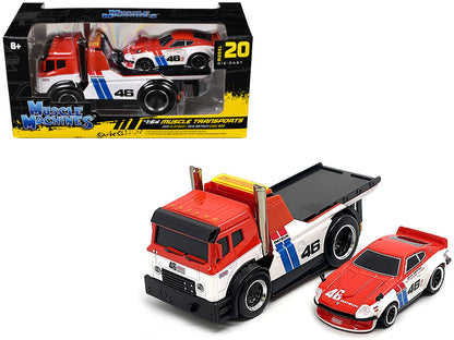 JDM Flatbed Truck #46 Red and White with Blue Stripes and 1972 Datsun 240Z #46 Red and White with Blue Stripes "BRE" "Muscle Transports" Series 1/64 Diecast Models by Muscle Machines-DiecastModeler.com