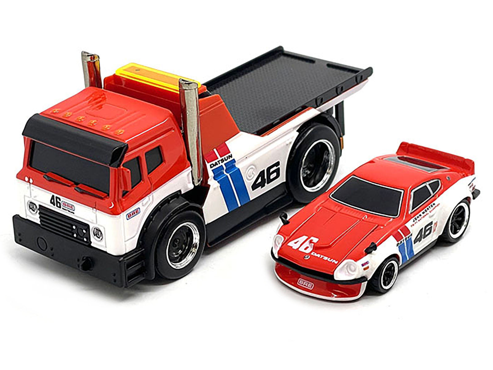JDM Flatbed Truck #46 Red and White with Blue Stripes and 1972 Datsun 240Z #46 Red and White with Blue Stripes "BRE" "Muscle Transports" Series 1/64 Diecast Models by Muscle Machines-DiecastModeler.com