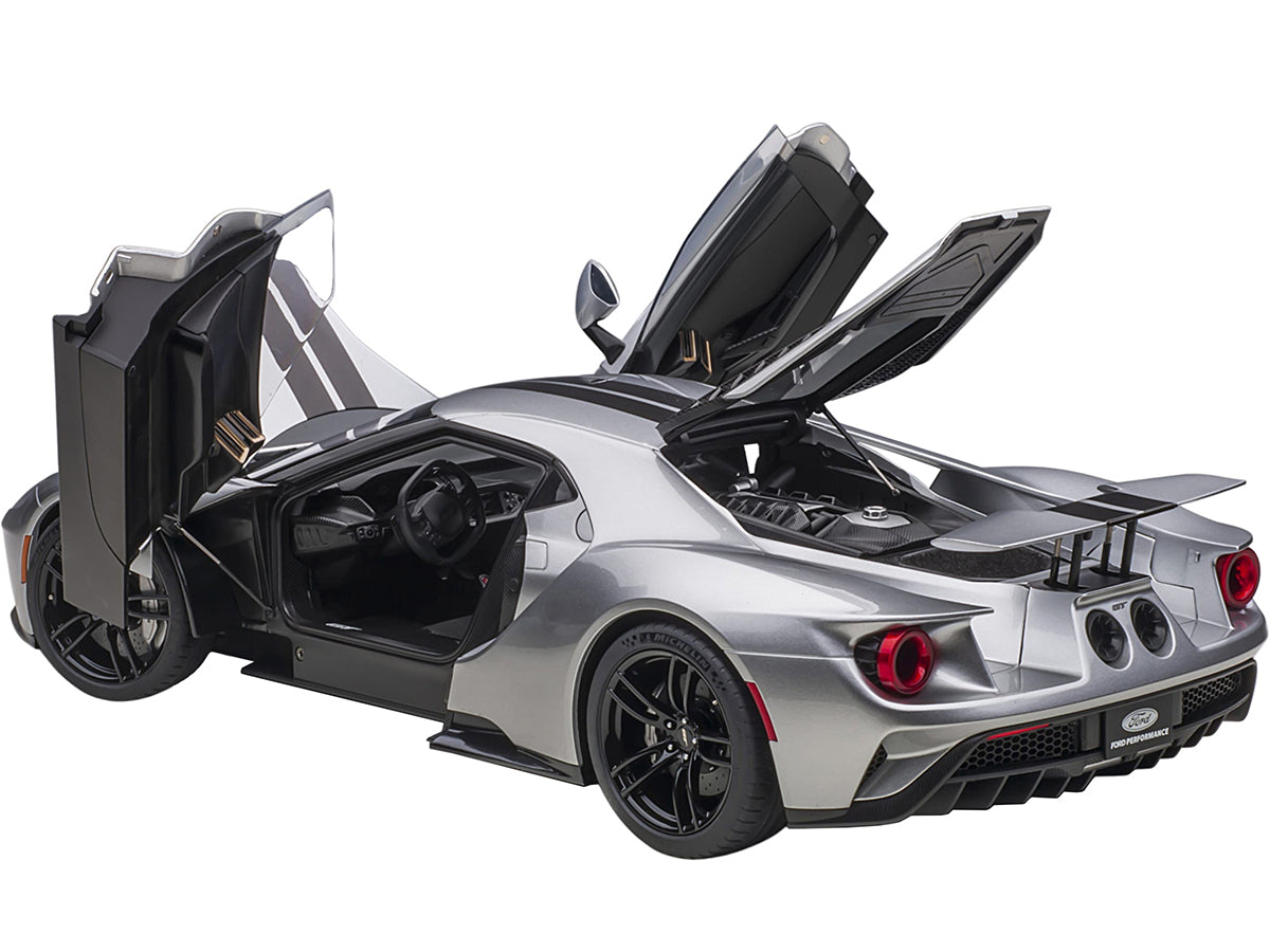 2017 Ford GT Ingot Silver Metallic with Black Stripes 1/12 Model Car by Autoart-DiecastModeler.com