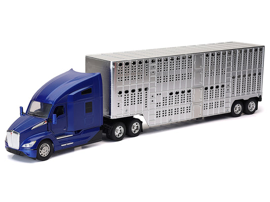 Kenworth T680 Truck Blue Metallic with Livestock Trailer Chrome "Long Haul Trucker" Series 1/32 Diecast Model by New Ray