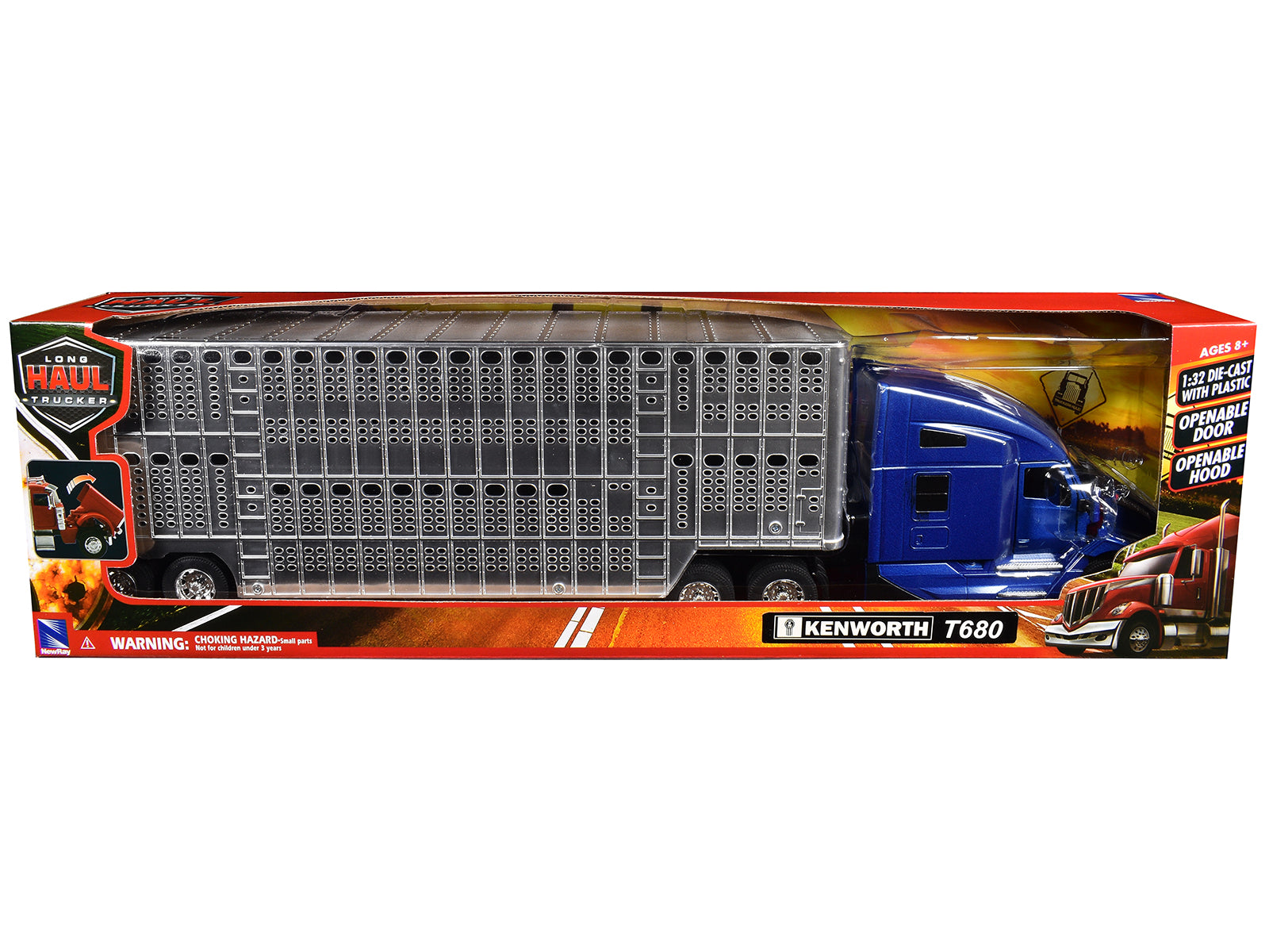 Kenworth T680 Truck Blue Metallic with Livestock Trailer Chrome "Long Haul Trucker" Series 1/32 Diecast Model by New Ray-DiecastModeler.com