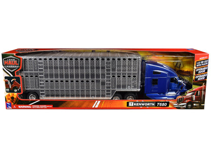 Kenworth T680 Truck Blue Metallic with Livestock Trailer Chrome "Long Haul Trucker" Series 1/32 Diecast Model by New Ray-DiecastModeler.com