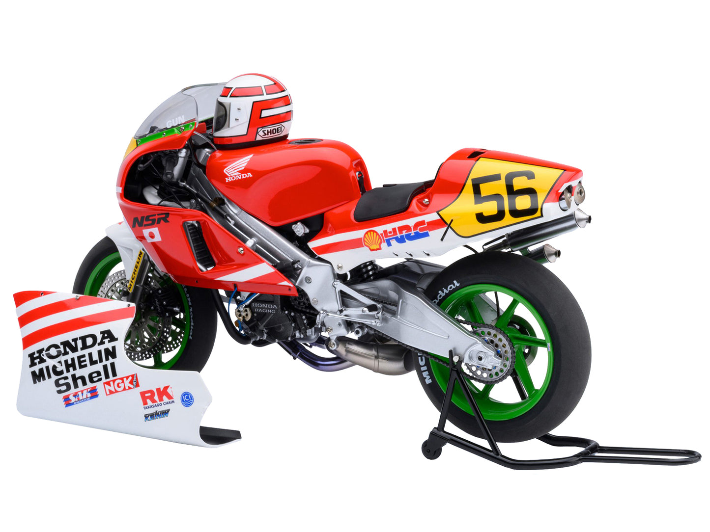 Honda NSR500 WGP500 Motorcycle #56 Red and White with Helmet "Baribari Legend" (1986) OVA 1/12 Model by Autoart