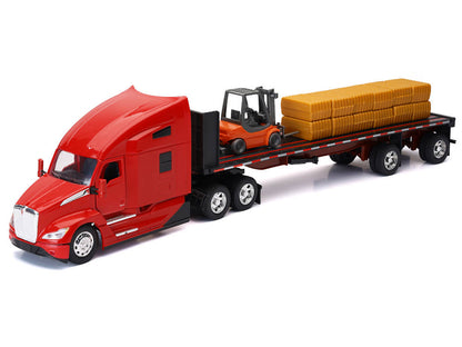 Kenworth T680 Truck Red and Flatbed Trailer with Forklift and Hay Load "Long Haul Trucker" Series 1/32 Diecast Model by New Ray-DiecastModeler.com