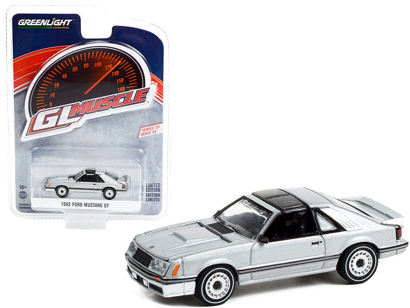 1982 Ford Mustang GT 5.0 Silver Metallic with Black Stripes "Greenlight Muscle" Series 26 1/64 Diecast Model Car by Greenlight-DiecastModeler.com