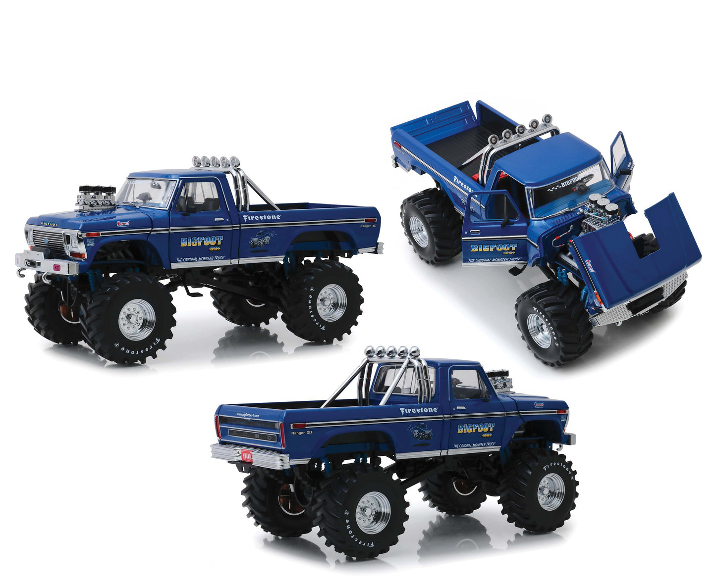 1974 Ford F-250 Bigfoot #1 The Original Monster Truck Blue with 48-Inch Tires "Kings of Crunch" 1/18 Diecast Model Car by Greenlight