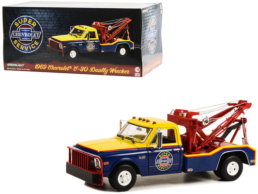 1969 Chevrolet C-30 Dually Wrecker Tow Truck "Chevrolet Super Service" Yellow and Blue 1/18 Diecast Car Model by Greenlight-DiecastModeler.com