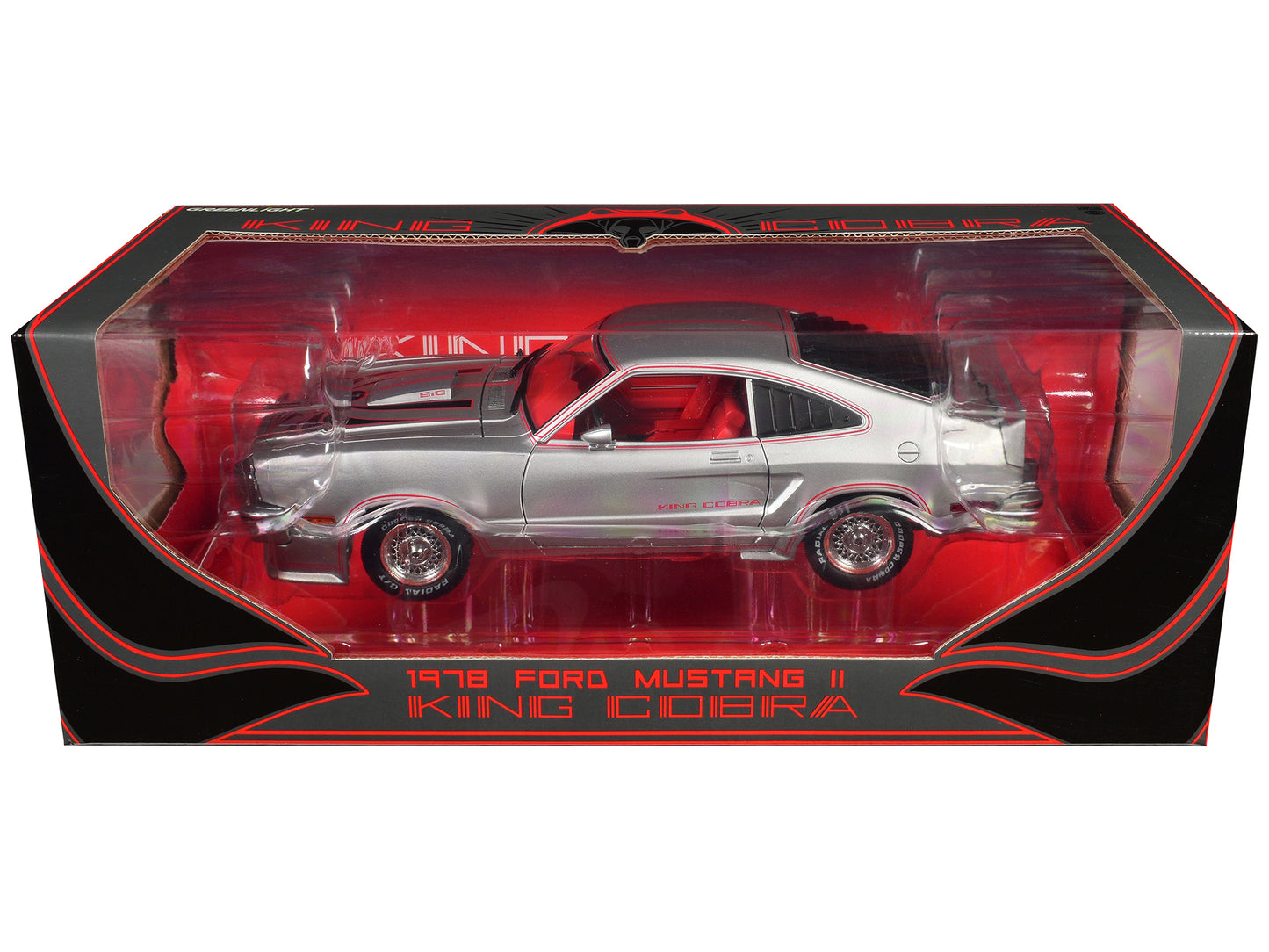 1978 Ford Mustang II King Cobra Silver Metallic with Red and Black Hood Stripes 1/18 Diecast Model Car by Greenlight-DiecastModeler.com