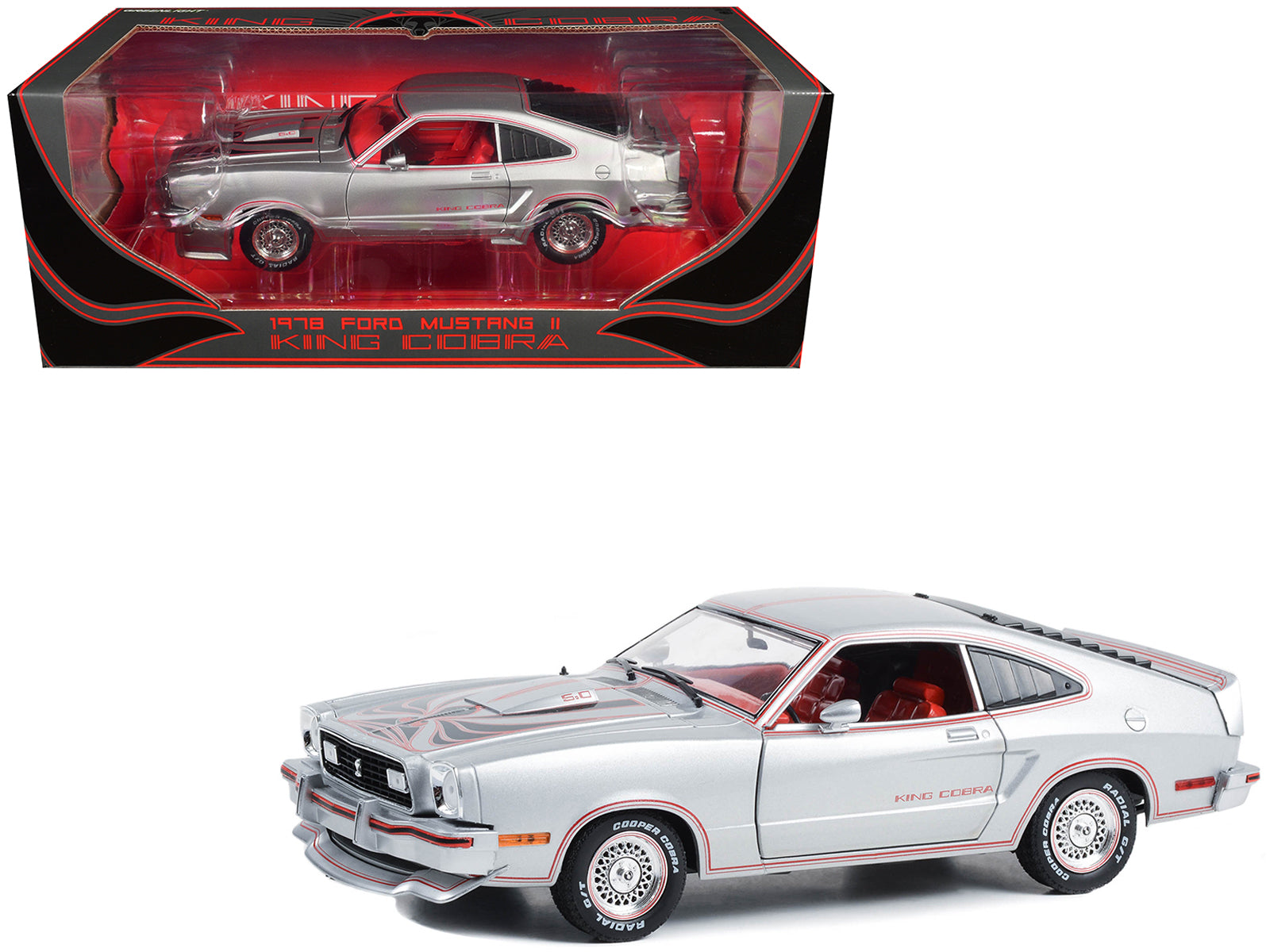 1978 Ford Mustang II King Cobra Silver Metallic with Red and Black Hood Stripes 1/18 Diecast Model Car by Greenlight-DiecastModeler.com