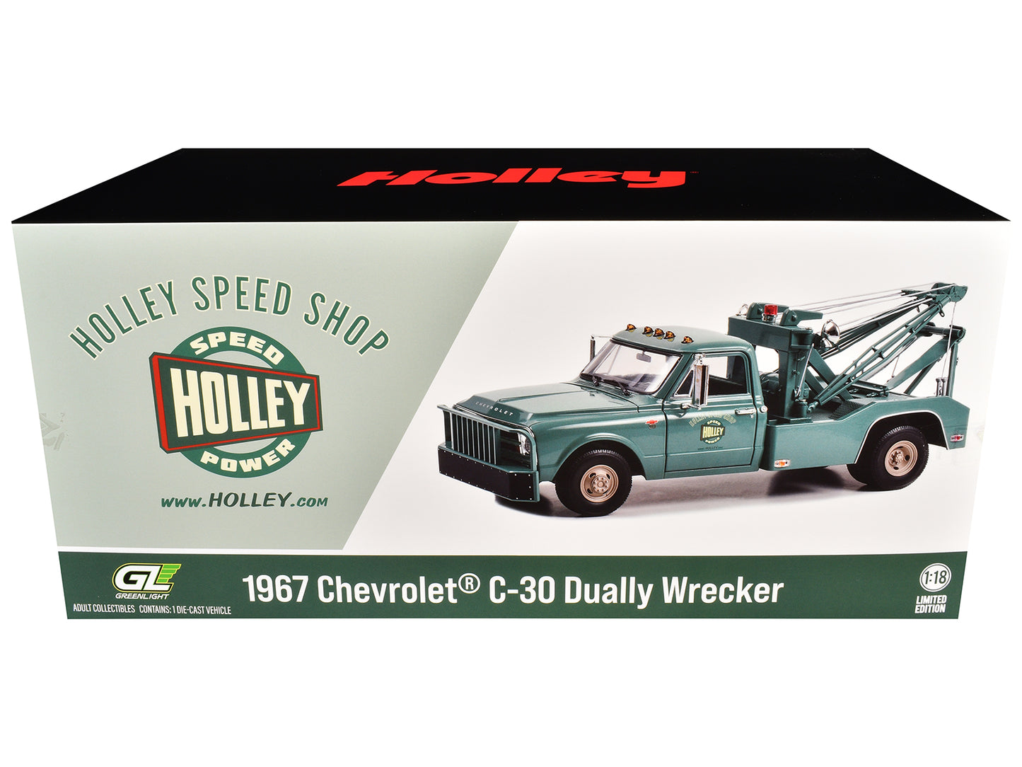 1967 Chevrolet C-30 Dually Wrecker Tow Truck "Holley Speed Shop" Green 1/18 Diecast Model Car by Greenlight-DiecastModeler.com