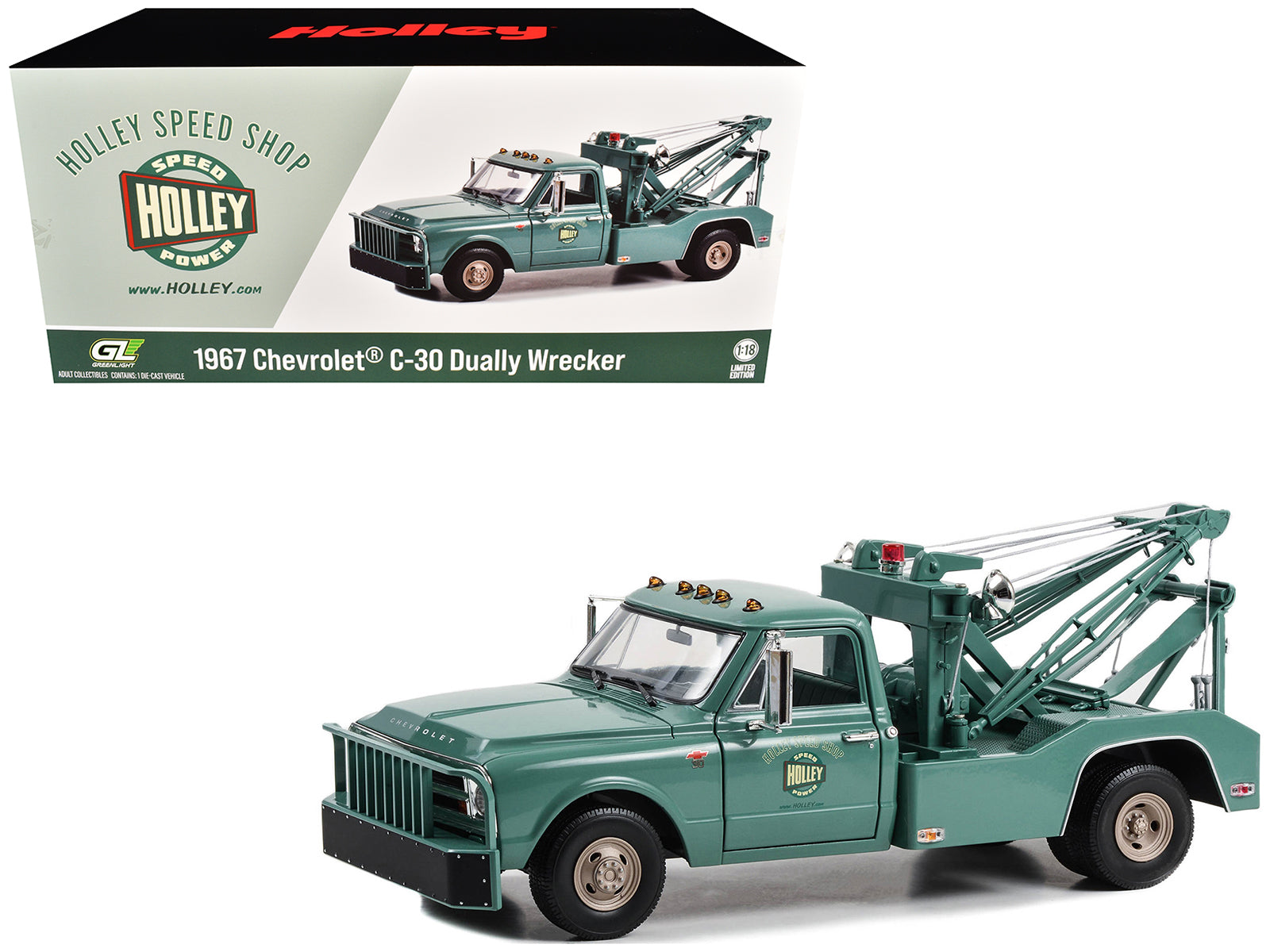 1967 Chevrolet C-30 Dually Wrecker Tow Truck "Holley Speed Shop" Green 1/18 Diecast Model Car by Greenlight-DiecastModeler.com