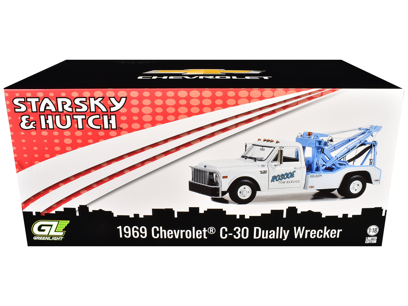 1969 Chevrolet C-30 Dually Wrecker Tow Truck "Roscoe Tow Service" White "Starsky and Hutch" (1975-1979) TV Series 1/18 Diecast Model Car by Greenlight-DiecastModeler.com