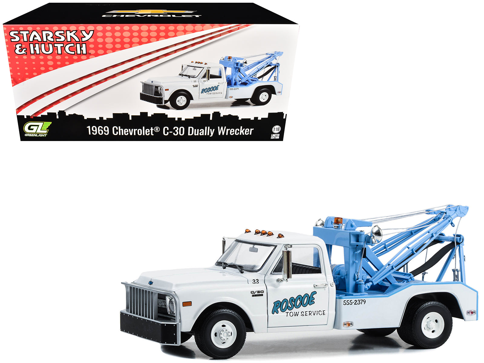 1969 Chevrolet C-30 Dually Wrecker Tow Truck "Roscoe Tow Service" White "Starsky and Hutch" (1975-1979) TV Series 1/18 Diecast Model Car by Greenlight-DiecastModeler.com