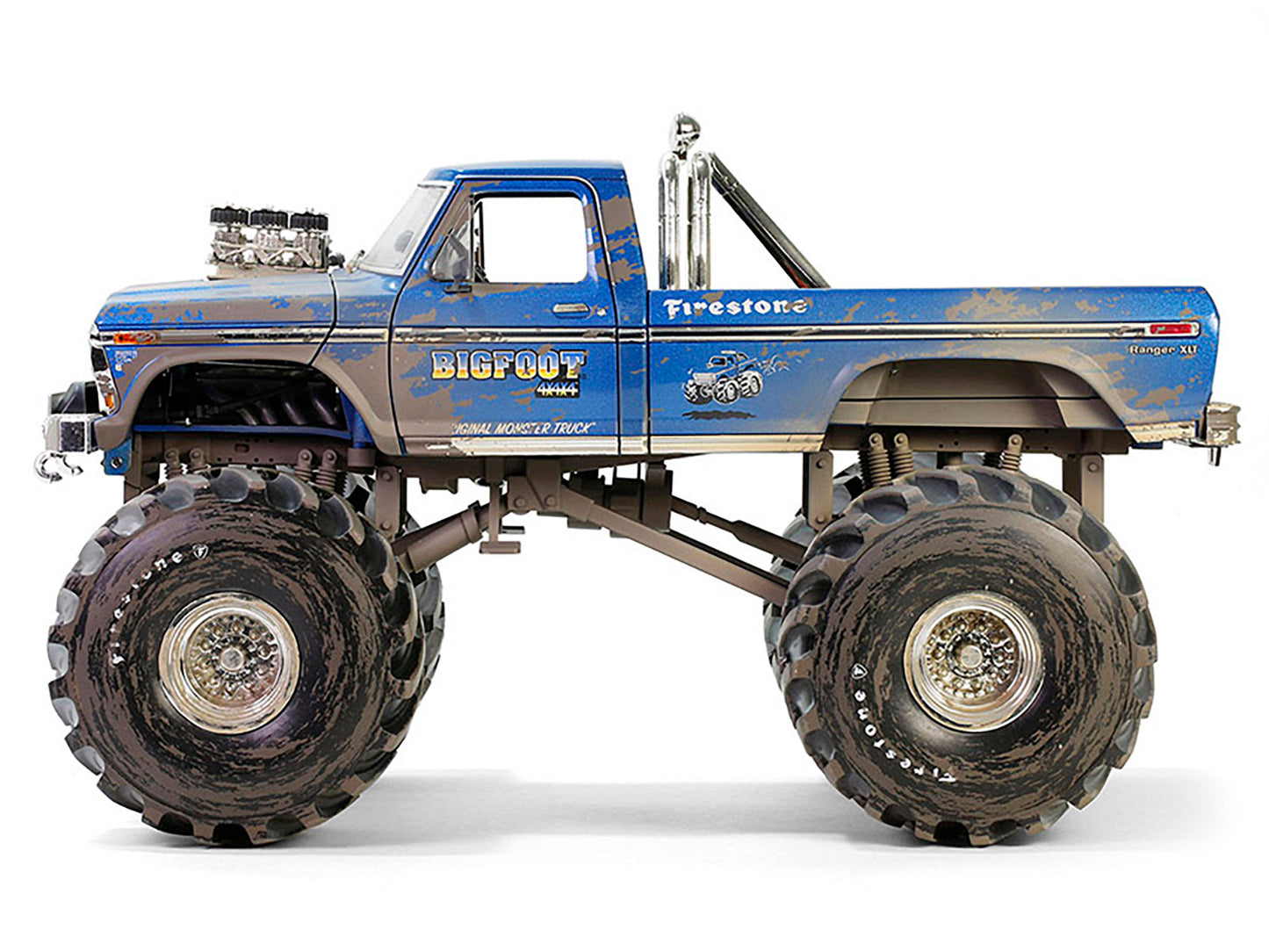 1974 Ford F-250 Monster Truck with 66-Inch Tires Blue "Bigfoot #1" (Dirty Version) "Kings of Crunch" Series 1/18 Diecast Model Car by Greenlight