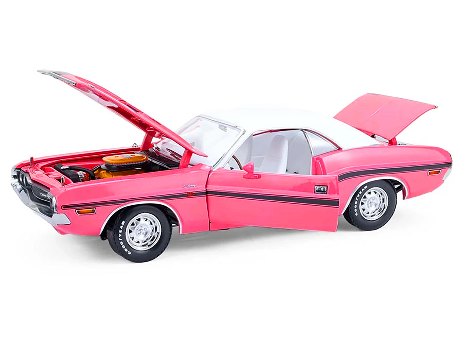 1970 Dodge Challenger R/T 440 Six Pack Panther Pink with Black Stripes White Top and White Interior 1/18 Diecast Model Car by Greenlight-DiecastModeler.com