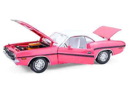 1970 Dodge Challenger R/T 440 Six Pack Panther Pink with Black Stripes White Top and White Interior 1/18 Diecast Model Car by Greenlight-DiecastModeler.com