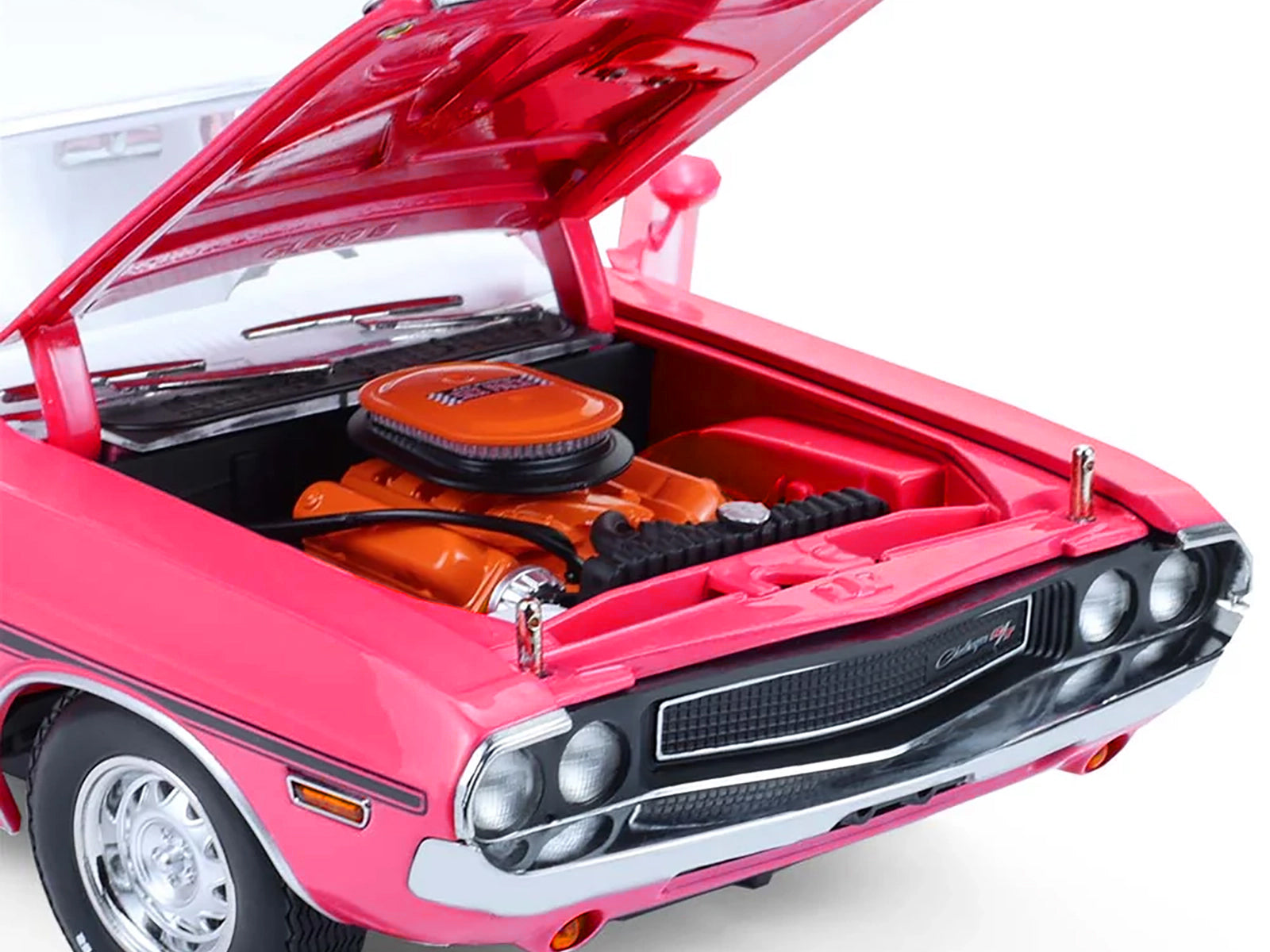 1970 Dodge Challenger R/T 440 Six Pack Panther Pink with Black Stripes White Top and White Interior 1/18 Diecast Model Car by Greenlight-DiecastModeler.com