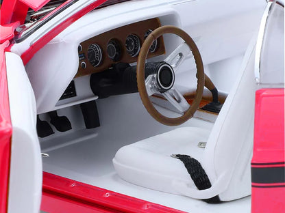 1970 Dodge Challenger R/T 440 Six Pack Panther Pink with Black Stripes White Top and White Interior 1/18 Diecast Model Car by Greenlight