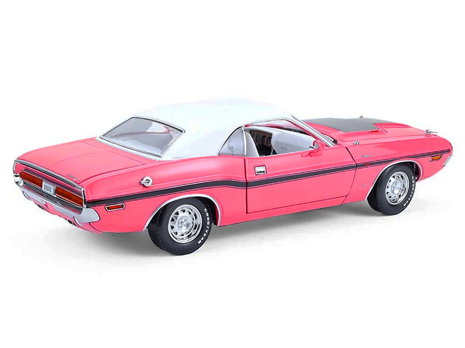 1970 Dodge Challenger R/T 440 Six Pack Panther Pink with Black Stripes White Top and White Interior 1/18 Diecast Model Car by Greenlight-DiecastModeler.com