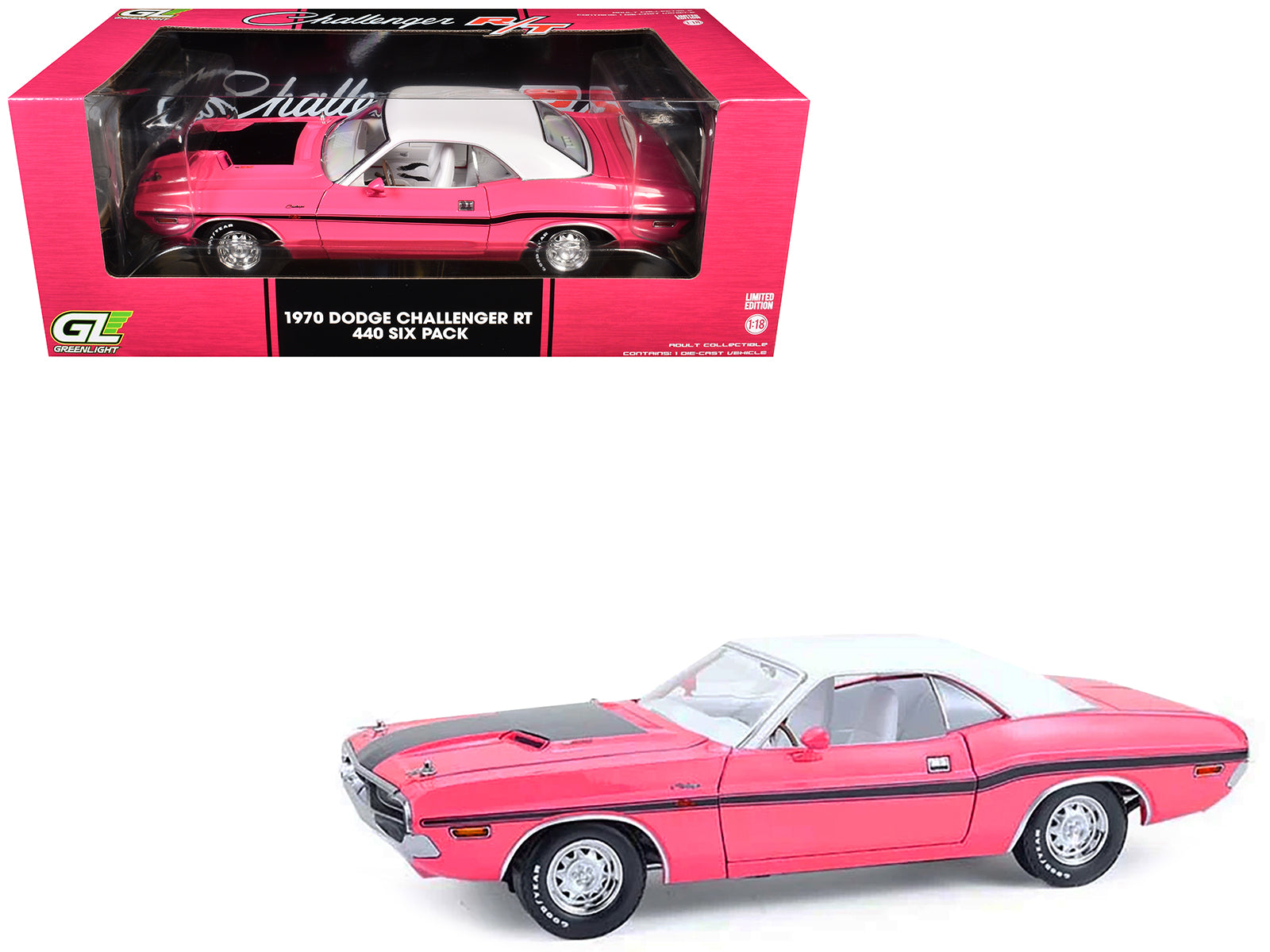 1970 Dodge Challenger R/T 440 Six Pack Panther Pink with Black Stripes White Top and White Interior 1/18 Diecast Model Car by Greenlight-DiecastModeler.com