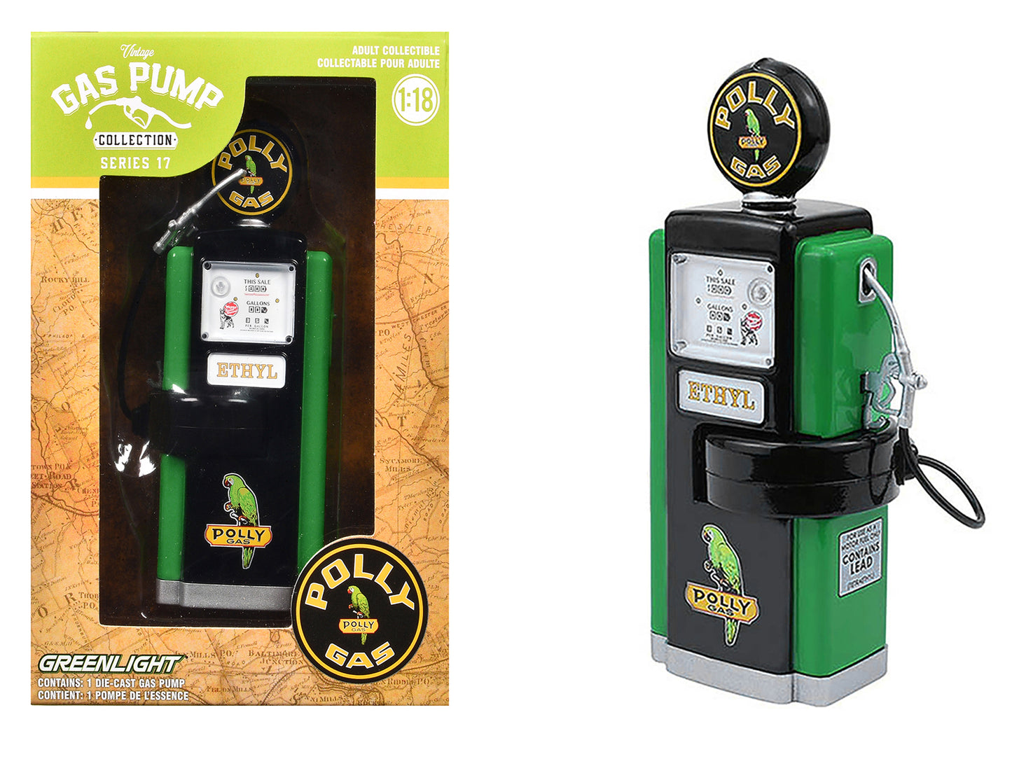 1948 Wayne 100-A Gas Pump "Polly Gas" Black and Green "Vintage Gas Pumps" Series 17 1/18 Diecast Replica by Greenlight-DiecastModeler.com