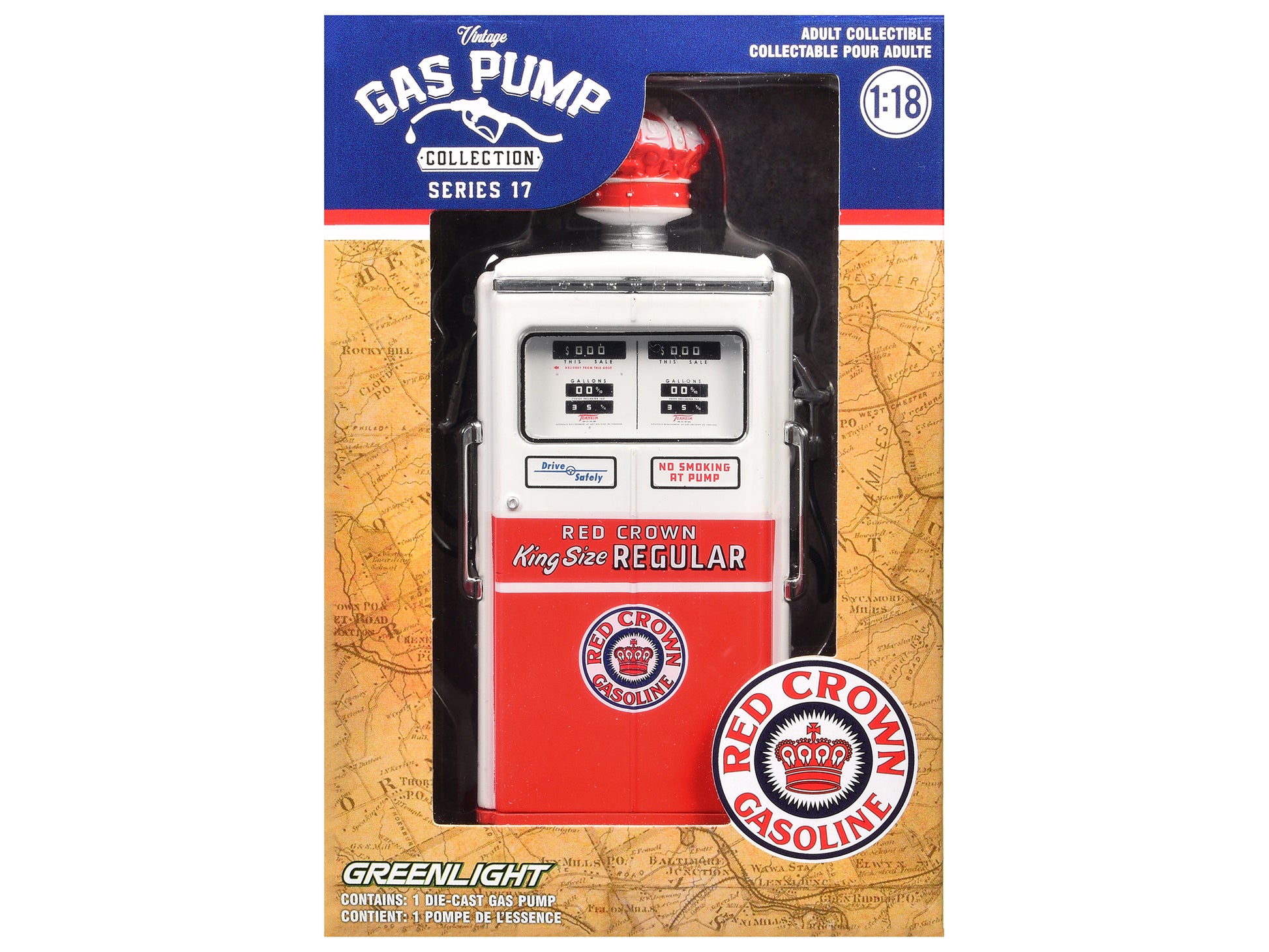 1954 Tokheim 350 Twin Gas Pump "Red Crown Gasoline" White and Red "Vintage Gas Pumps" Series 17 1/18 Diecast Replica by Greenlight-DiecastModeler.com
