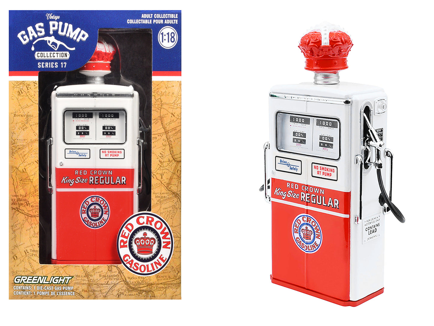 1954 Tokheim 350 Twin Gas Pump "Red Crown Gasoline" White and Red "Vintage Gas Pumps" Series 17 1/18 Diecast Replica by Greenlight-DiecastModeler.com