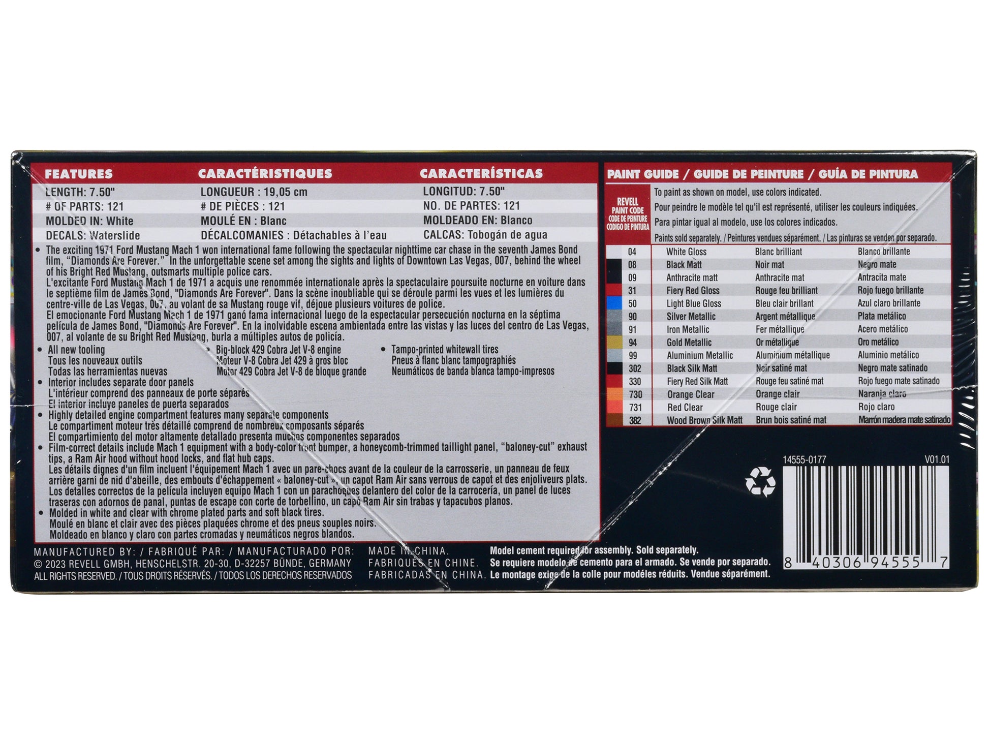 Level 4 Model Kit 1971 Ford Mustang Mach 1 James Bond 007 "Diamonds Are Forever" (1971) Movie 1/25 Scale Model by Revell-DiecastModeler.com