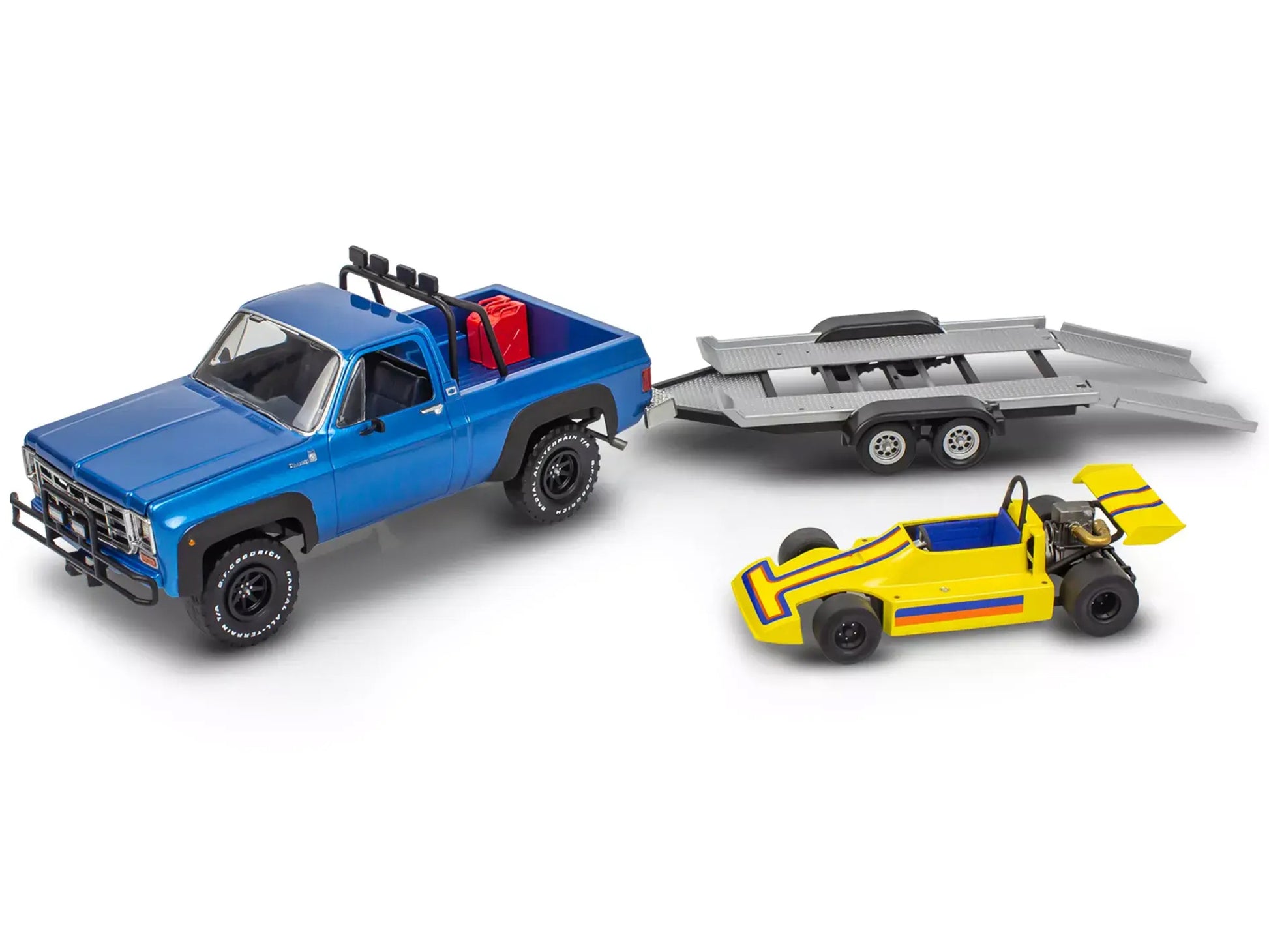 Level 3 Model Kit 1978 Chevrolet Off-Road 4x4 Pickup Truck and "Malibu Grand Prix" Virage with Trailer "Fantasy Formula" 1/25 Scale Model by Revell-DiecastModeler.com
