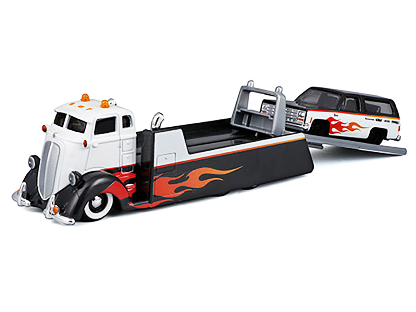 COE Flatbed Truck White and Black with Flame Graphics and 1979 Chevrolet K5 Blazer Black and White with Flame Graphics "Elite Transport" Series 1/64 Diecast Models by Maisto