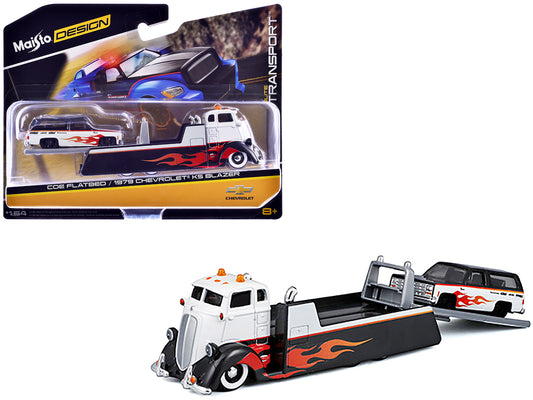 COE Flatbed Truck White and Black with Flame Graphics and 1979 Chevrolet K5 Blazer Black and White with Flame Graphics "Elite Transport" Series 1/64 Diecast Models by Maisto