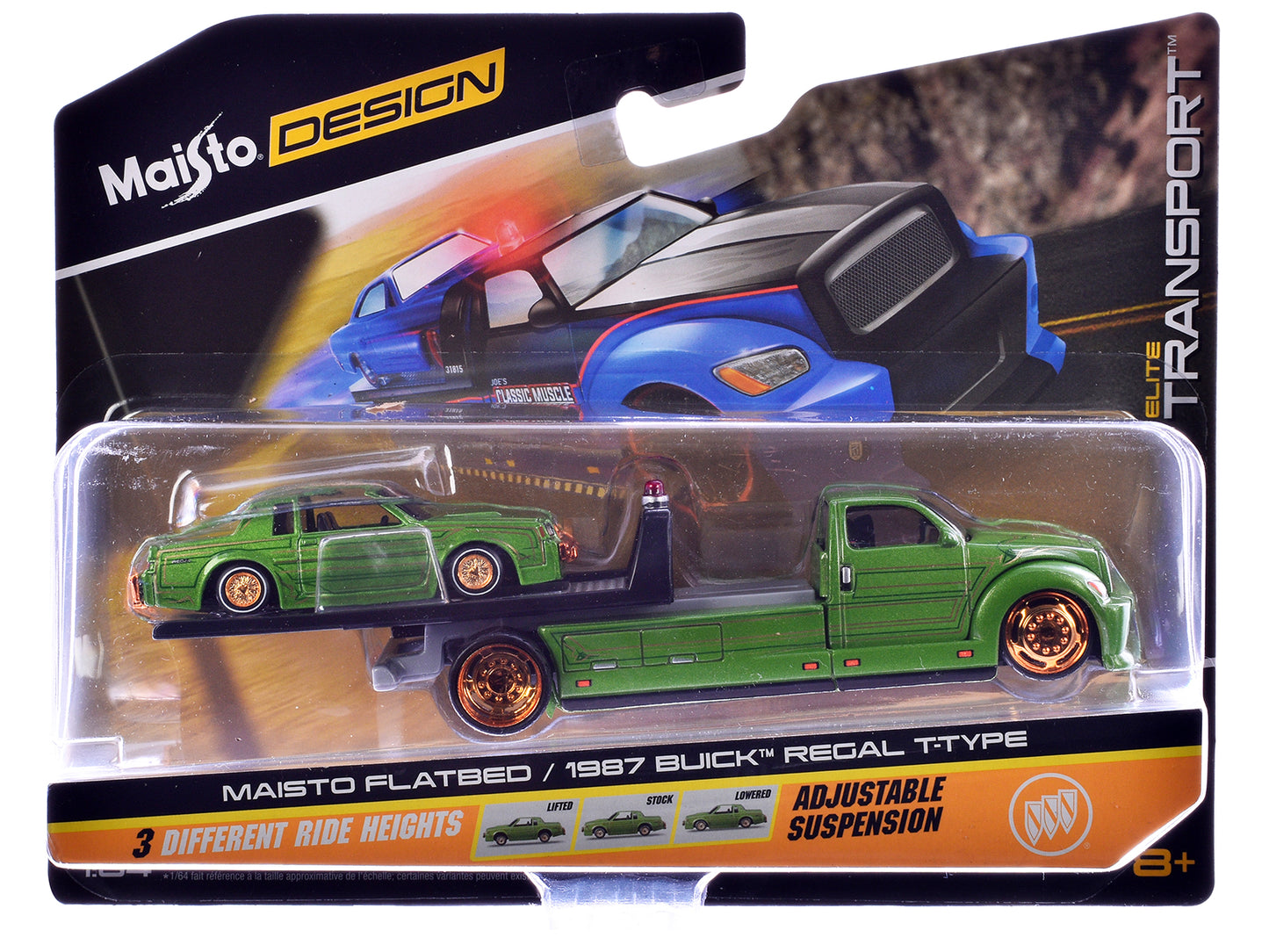 Maisto Flatbed Truck Green Metallic with Graphics and 1987 Buick Regal T-Type Green Metallic with Graphics "Lowriders" "Elite Transport" Series 1/64 Diecast Models by Maisto