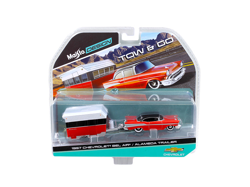 1957 Chevrolet Bel Air with Alameda Trailer Red Tow & Go 1/64 Diecast Model by Maisto-DiecastModeler.com