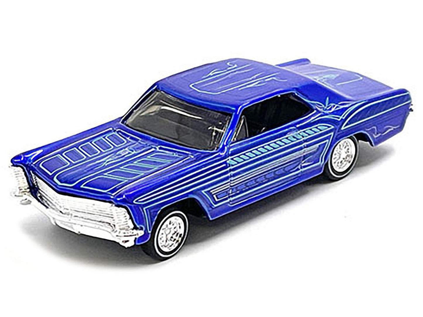 1965 Buick Riviera Candy Blue with Graphics "Lowriders" "Maisto Design" Series 1/64 Diecast Model Car by Maisto-DiecastModeler.com