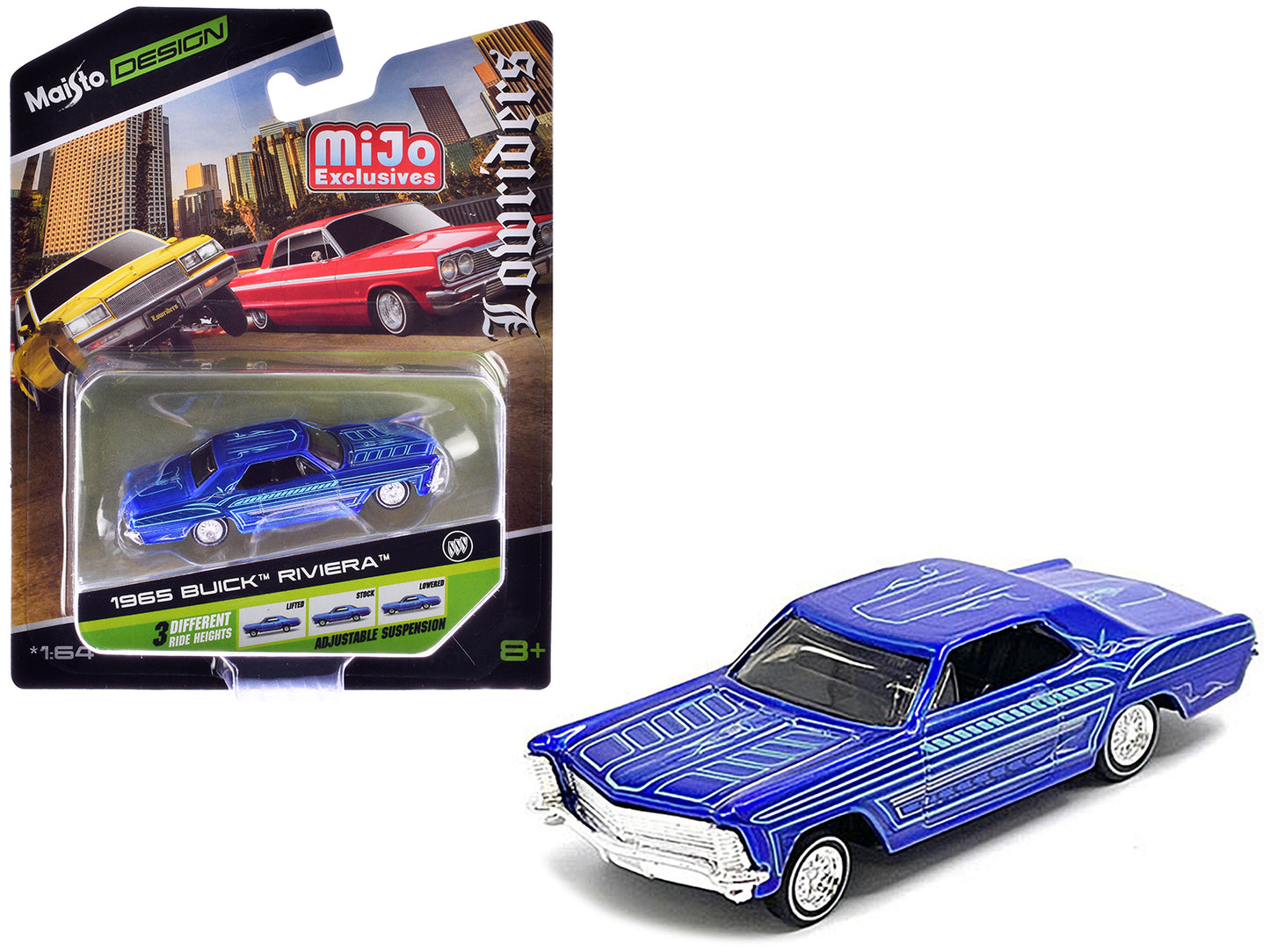 1965 Buick Riviera Candy Blue with Graphics "Lowriders" "Maisto Design" Series 1/64 Diecast Model Car by Maisto-DiecastModeler.com