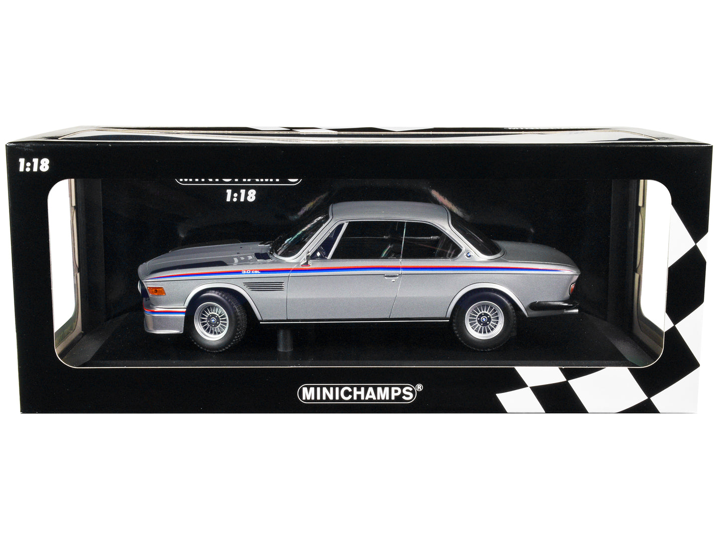 1973 BMW 3.0 CSL Silver Metallic with Red and Blue Stripes Limited Edition to 540 pieces Worldwide 1/18 Diecast Model Car by Minichamps-DiecastModeler.com