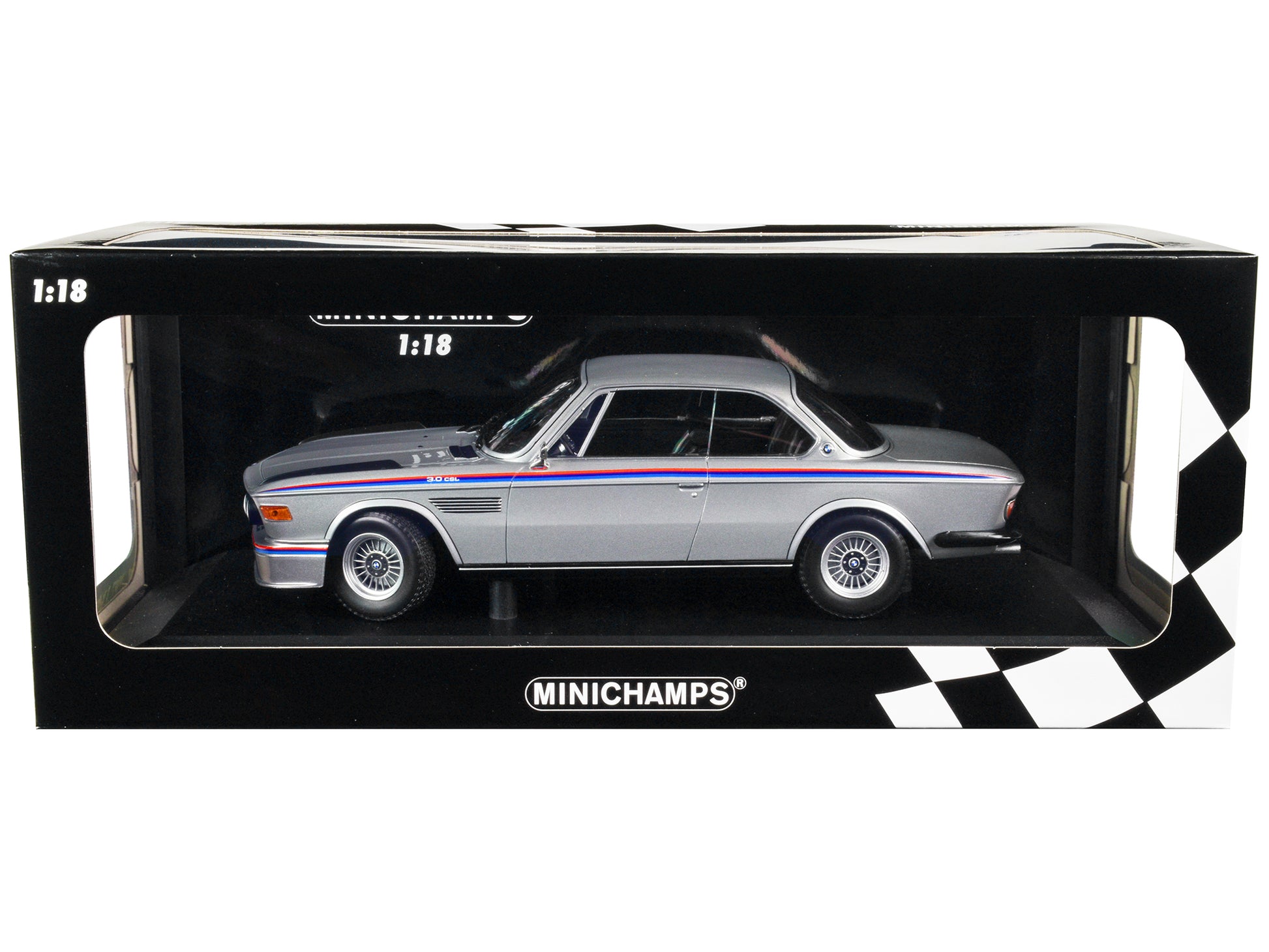 1973 BMW 3.0 CSL Silver Metallic with Red and Blue Stripes Limited Edition to 540 pieces Worldwide 1/18 Diecast Model Car by Minichamps-DiecastModeler.com