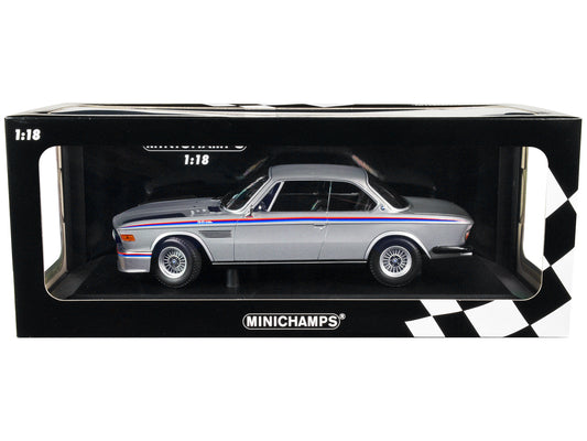 1973 BMW 3.0 CSL Silver Metallic with Red and Blue Stripes Limited Edition to 540 pieces Worldwide 1/18 Diecast Model Car by Minichamps-DiecastModeler.com