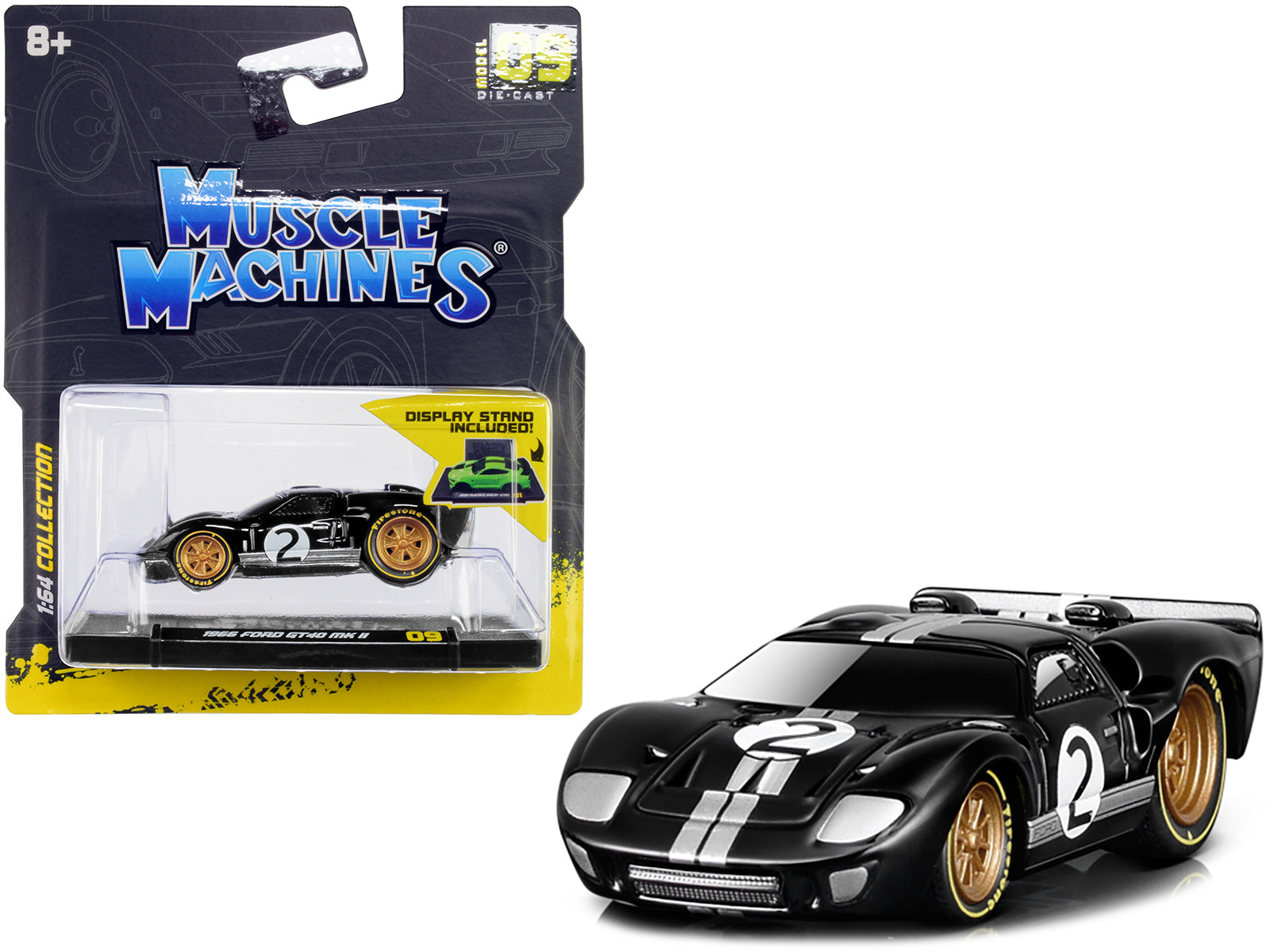 1966 Ford GT40 MKII #2 Black with Silver Stripes and Gold Wheels 1/64 Diecast Model Car by Muscle Machines-DiecastModeler.com