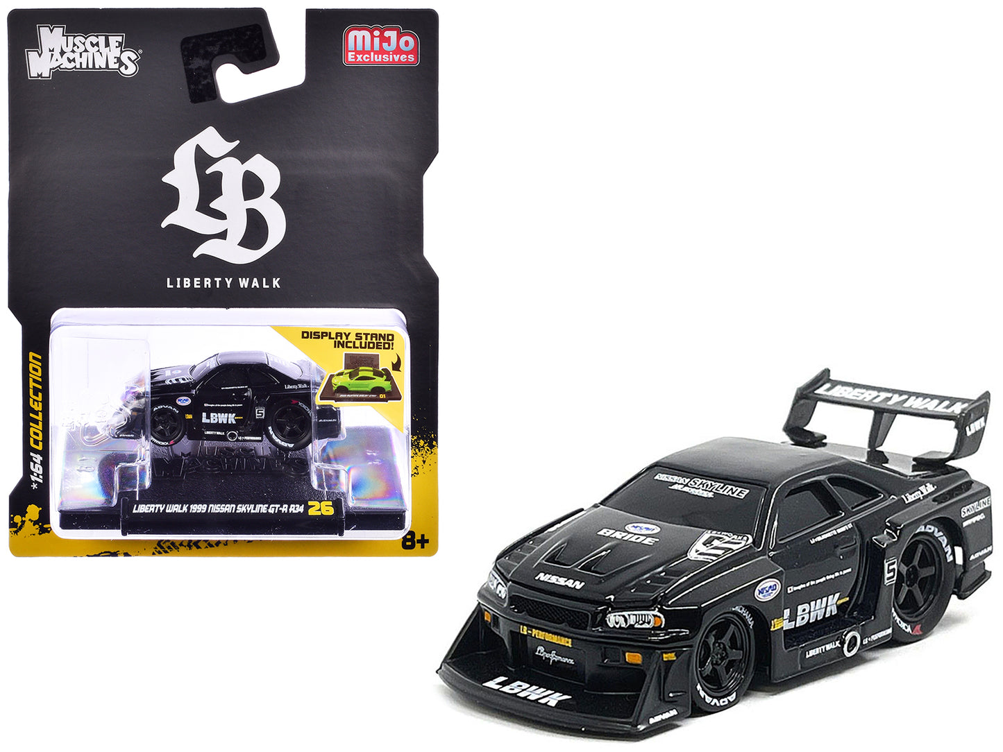 1999 Nissan Skyline GT-R (R34) #5 "Liberty Walk" Black 1/64 Diecast Model Car by Muscle Machines-DiecastModeler.com