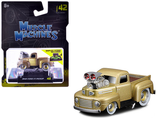 1949 Ford F1 Pickup Truck Gold Metallic 1/64 Diecast Model Car by Muscle Machines-DiecastModeler.com
