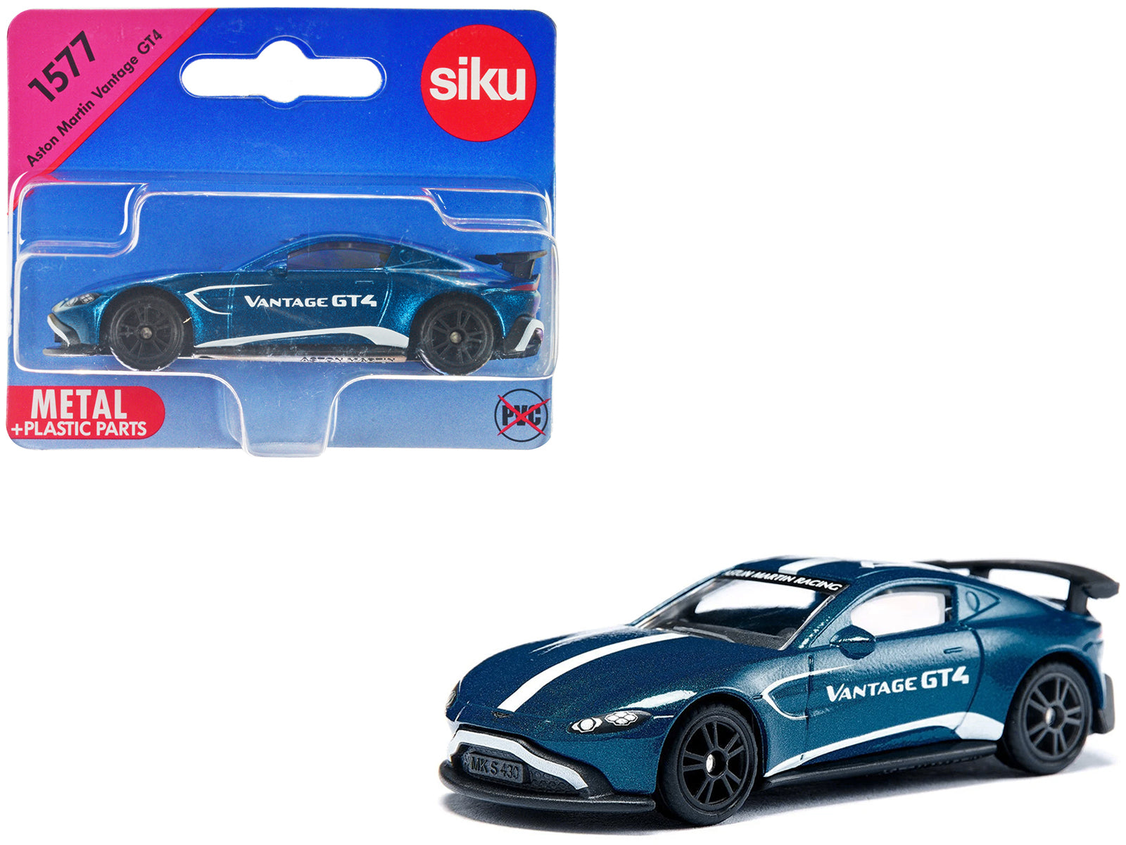 Aston Martin Vantage GT4 Blue Metallic with White Stripes Diecast Model Car by Siku-DiecastModeler.com