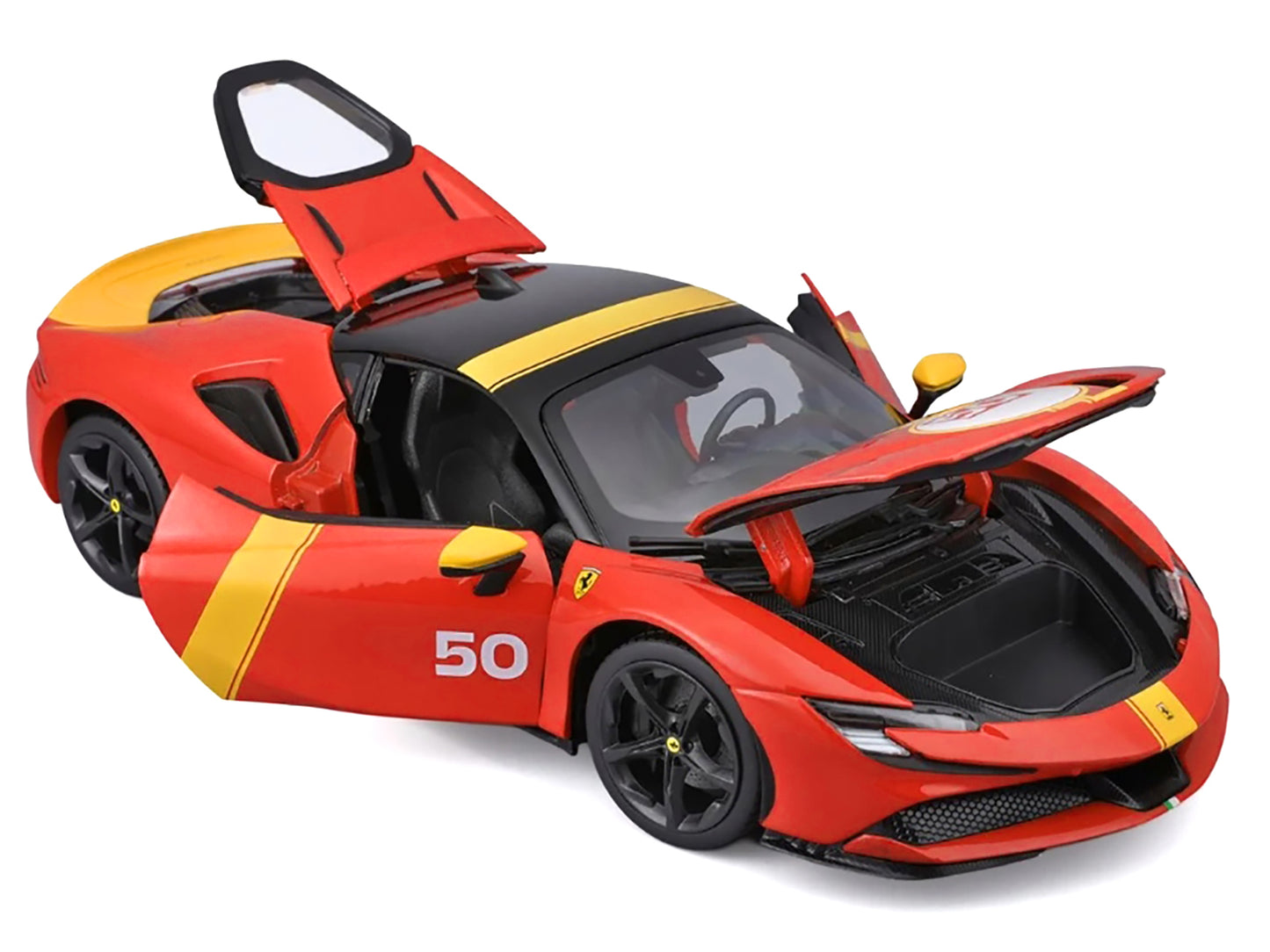 Ferrari SF90 Stradale Assetto Fiorano #50 Red with Black Top and Yellow Stripes "Race + Play" Series 1/18 Diecast Model Car by Bburago