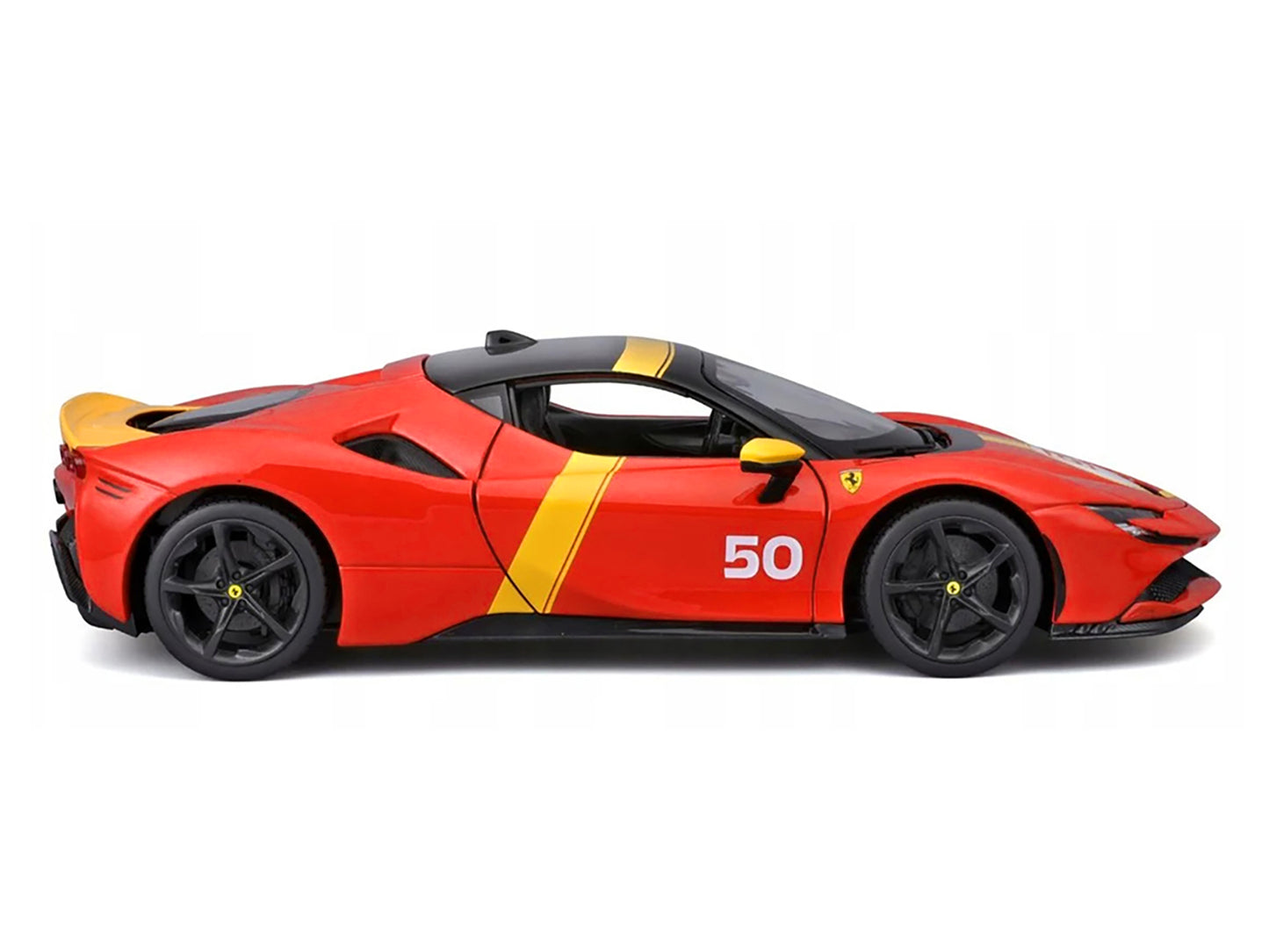 Ferrari SF90 Stradale Assetto Fiorano #50 Red with Black Top and Yellow Stripes "Race + Play" Series 1/18 Diecast Model Car by Bburago